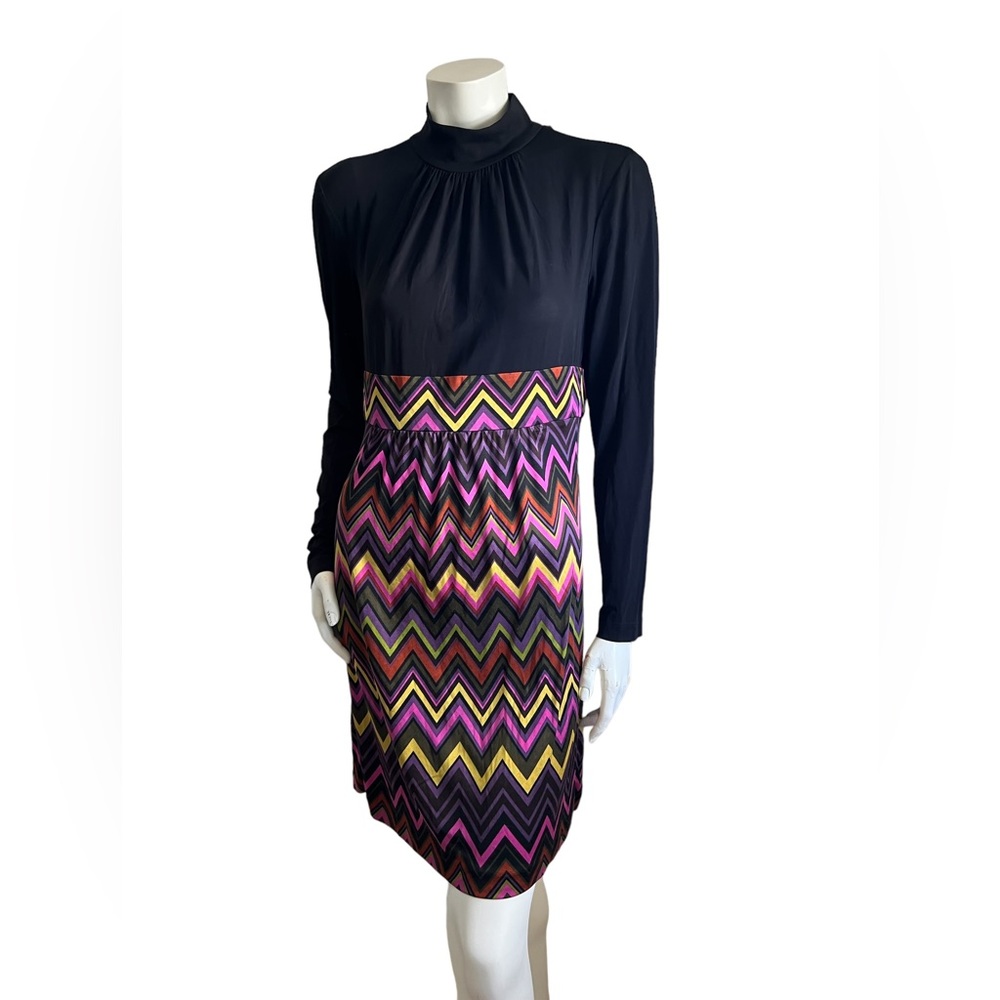 Trina Turk Chevron Long Sleeved Silk Dress Sz 10 Mock Neck